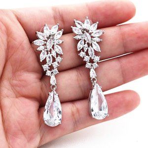 18k White Gold Plated Silver Crystal Drop Earrings Prom Wedding Bridal Jewelry